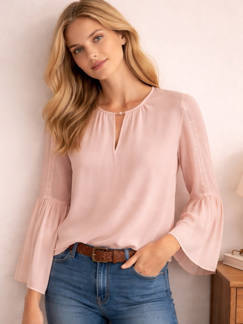 J. CREW 100% Silk Embroidered Bell Sleeve Blouse - Blush Pink Size 2